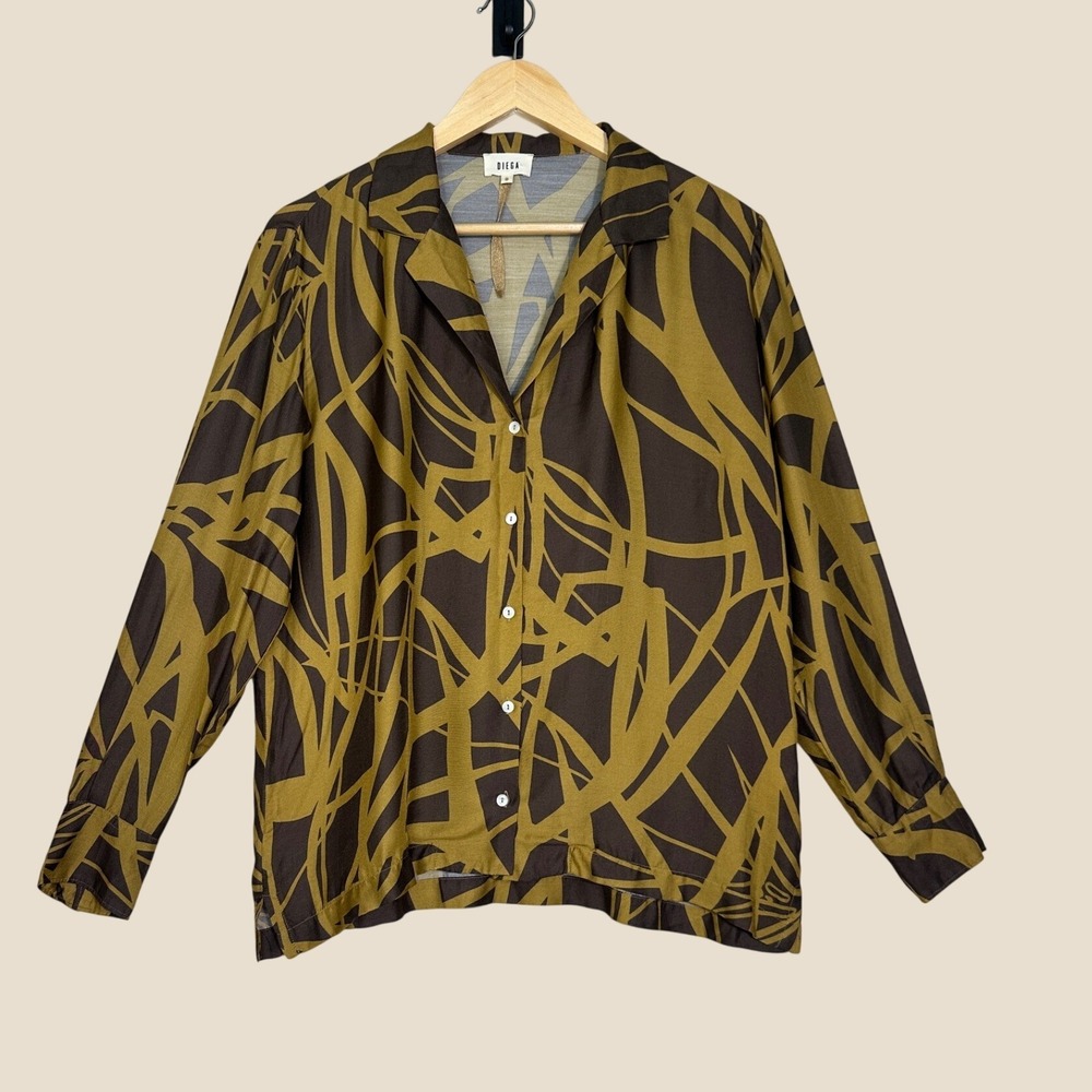 Diega Button Down Blouse Silk Blend Small Brown Tan Modern European Career